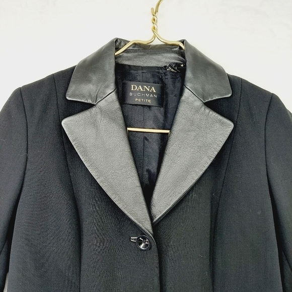 Dana Buchman Petite Black Grey Leather Collar Wool Blazer Jacket P5063 - Picture 2 of 8